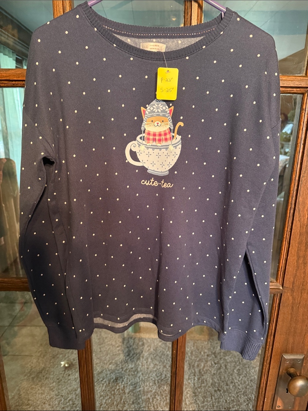 LC Lauren Conrad Navy Long-Sleeve Tee with Cat-in-Teacup Graphic